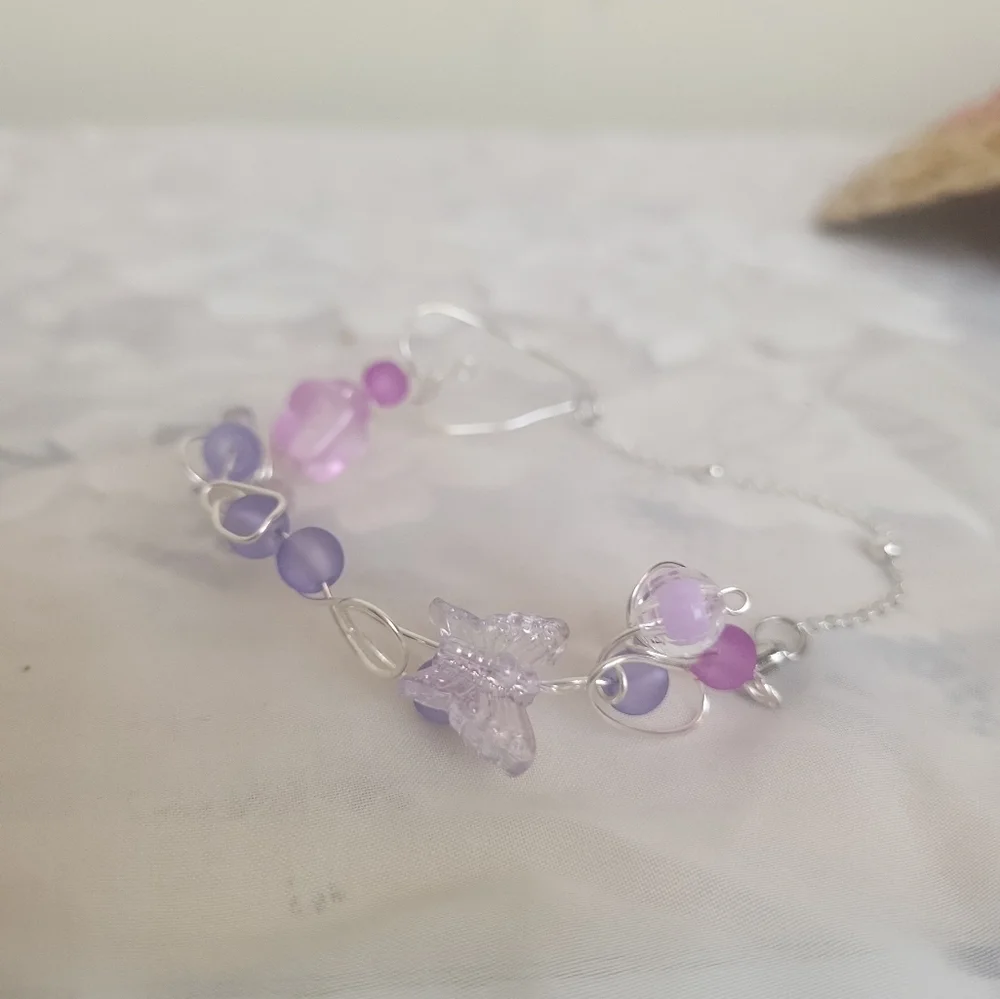 Silver Plated Holographic Butterfly Frosted Glass Wire Ball Chain Bracelet - Picture 12 of 14